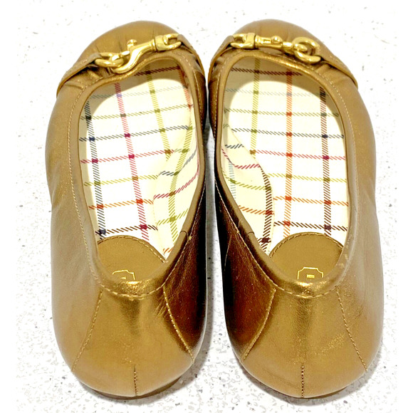 Coach Leona Ballet Flats Golden Metallic Leather Slip On Shoes Horse Bit US 6.5B
